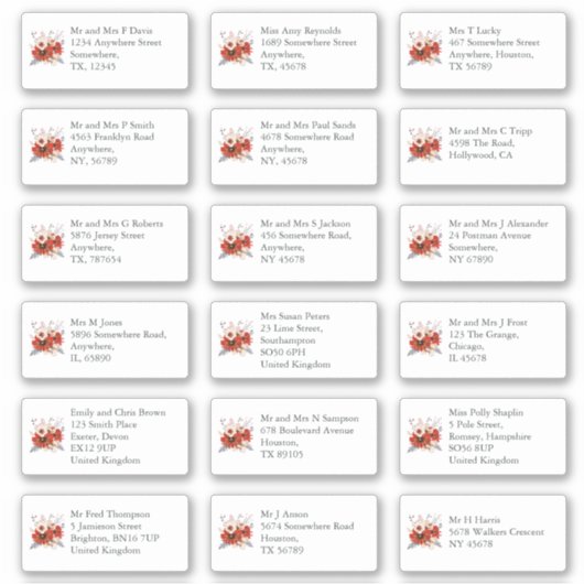 Sticker Red Florals Mariage individuel Nom de l'hôte Adres (Devant)