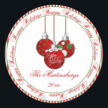 Sticker Red Green Christmas Happy Holidays<br><div class="desc">Festive rouge et vert ornements de Noël avec les mots "Joyeuses fêtes" dans un cercle sur un arrière - plan rayé rouge et vert. Personnalisez avec votre propre nom et votre année. Un autocollant sucré pour décorer vos enveloppes,  vos colis et vos cadeaux.</div>