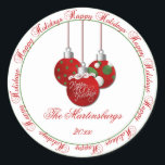 Sticker Red Green Christmas Happy Holidays<br><div class="desc">Festive rouge et vert ornements de Noël avec les mots "Joyeuses fêtes" dans un cercle sur un arrière - plan rayé rouge et vert. Personnalisez avec votre propre nom et votre année. Un autocollant sucré pour décorer vos enveloppes,  vos colis et vos cadeaux.</div>