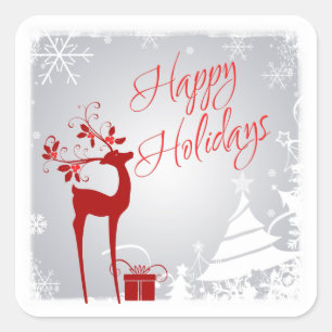 Sticker Red Grey Happy Holidays Deer, Snowflakes