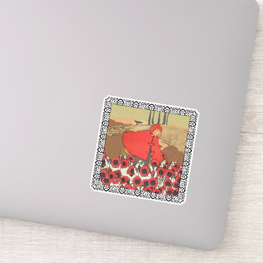 Sticker Red Riding Terrain Red Poppies Wolf encadré (Détail)