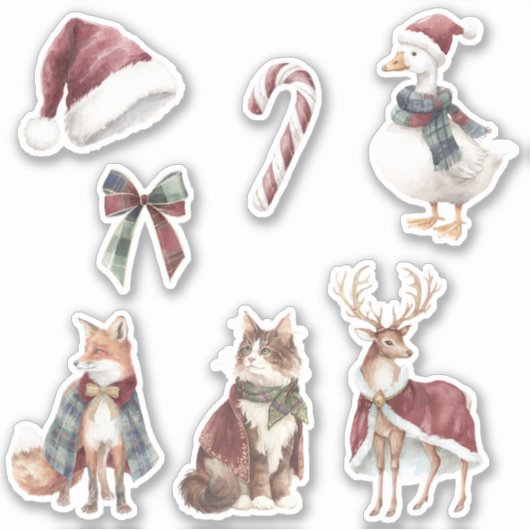 Sticker Red White Santa Hat Candy Cane Animals Christmas (Devant)