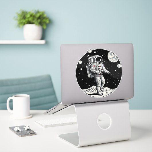 Sticker Réflexion cosmique : Un astronaute rétro sur la Lu (Ordinateur portable sur le bureau)
