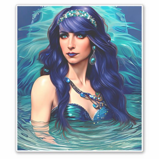 Sticker Reine sirène Poisson bleu Art de fantasy original (Devant)