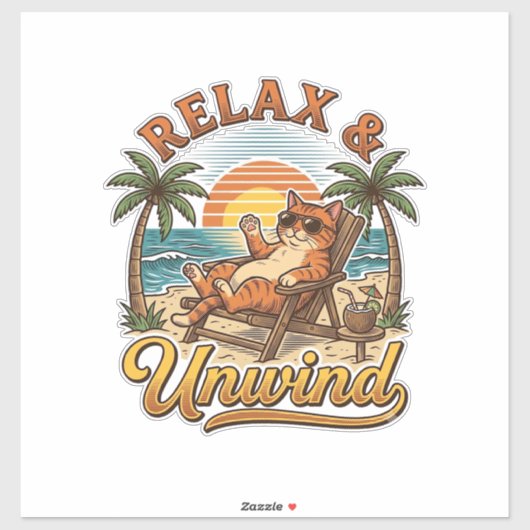 Sticker Relax & Unwind Chat de Plage Design de Gravure Vin (Feuille)