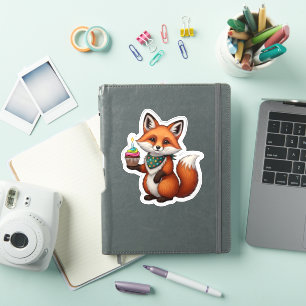 Sticker Renard d'anniversaire avec Cupcake