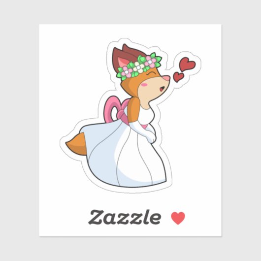 Sticker Renard en mariée avec robe de mariée et couronne d (Feuille)