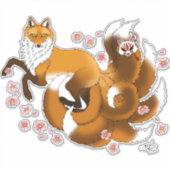 Sticker Renard Kitsune Fantaisiste Fleurs de Cerisier Bleu (Devant)