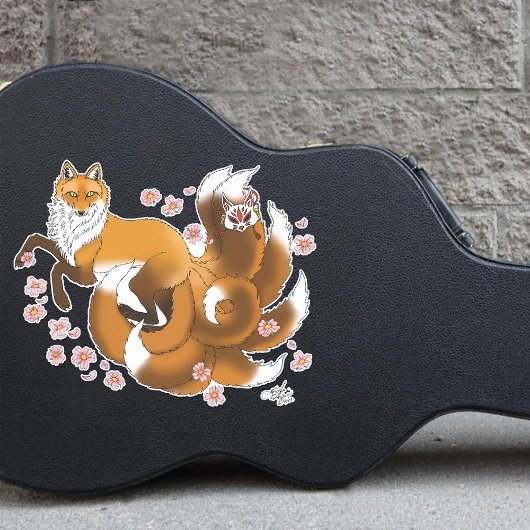 Sticker Renard Kitsune Fantaisiste Fleurs de Cerisier Bleu