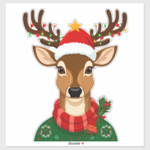 Sticker Renne Joyeux Avec Chapeau de Père Noël