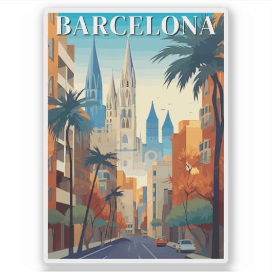 Sticker Retro Barcelona Vintage Travel Illustration (Devant)