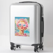 Sticker Retro Beach Girl avec lunettes de soleil florales (Sur valise)