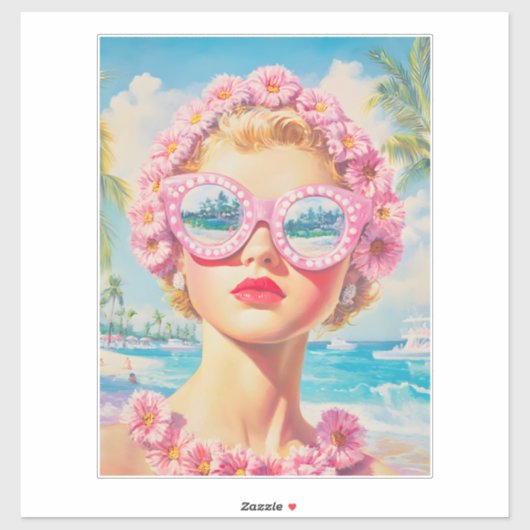 Sticker Retro Beach Girl avec lunettes de soleil florales (Feuille)