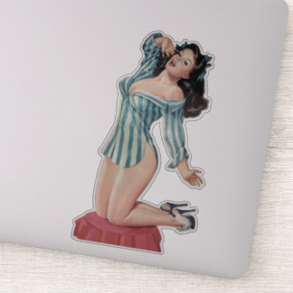 Sticker Retro Brunette Pin-up Girl en chemise homme