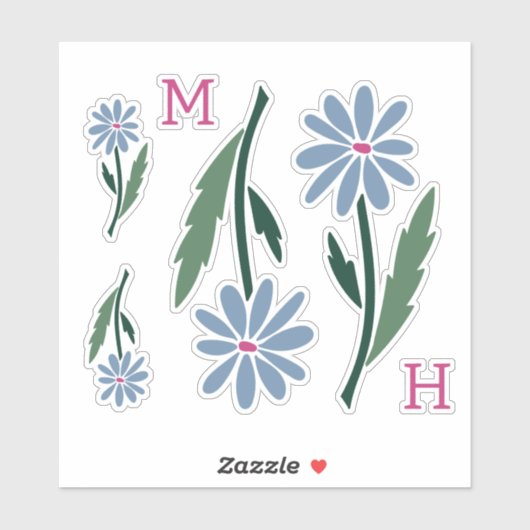 Sticker Retro Hand Drawn Blue Flowers Pink Monogram (Feuille)
