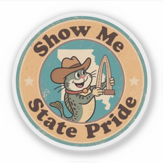 Sticker Retro Missouri Badge_ Catfish Holding Gateway Arch (Devant)
