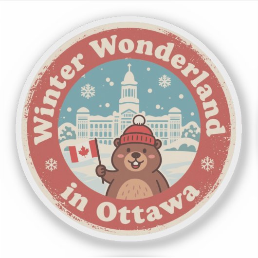 Sticker Retro Ottawa Beaver Hiver Fun (Devant)