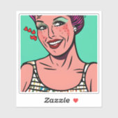 Sticker Retro Pop Art Lady Sourire avec les coeurs (Feuille)