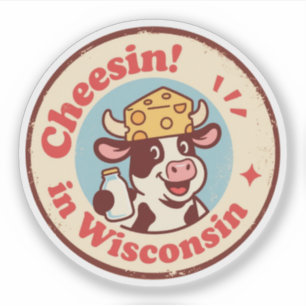 Sticker Retro Wisconsin Badge_ Vache de dessin en Casquett