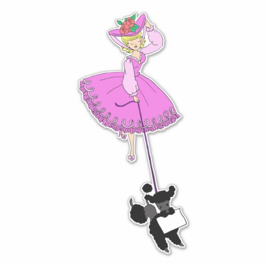 Sticker Robe rose mignonne Poodle noir dessin original (Devant)