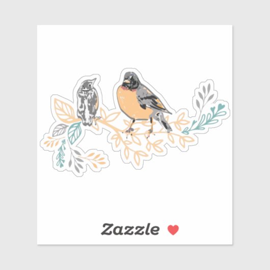 Sticker Robin Bird Mama et bébé Été Brood Avec Fleurs (Feuille)