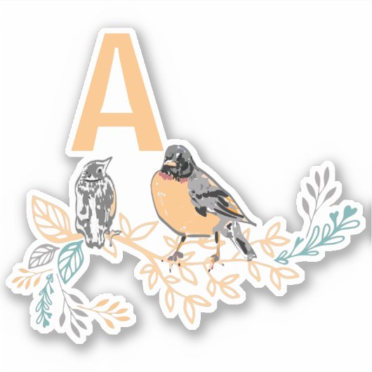 Sticker Robin Whimsical Bird Mama Baby Flowers Monogramme (Devant)
