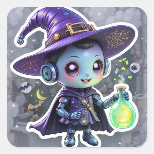 Sticker robot sorcière mignon Magique Halloween Sc (Devant)