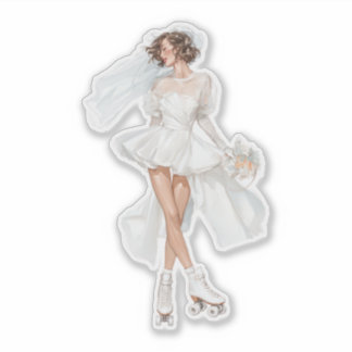 Sticker Romantic Bridal Roller Skater Holding Wedding Bouq