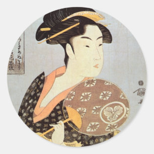 Sticker Rond う ち わ を 持 女, Femme avec le ventilateur rond, Utam