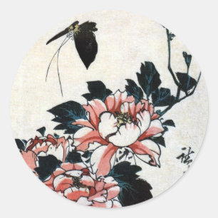 Sticker Rond 牡 丹 に 蝶, 広 Peonies et Papillon, Hiroshige, Ukiyo-e