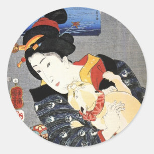 Sticker Rond 猫 と 女, 国 芳 Chat et Femme, Kuniyoshi, Ukiyoe