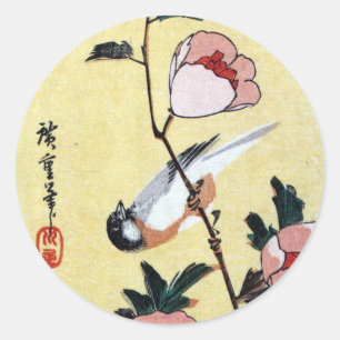 Sticker Rond 花 に 鳥, 広 重 Oiseau et Fleur, Hiroshige, Ukiyo-e
