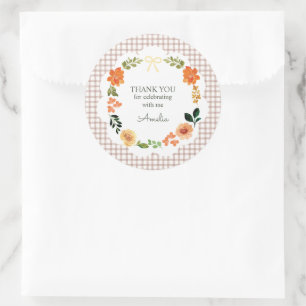 Sticker Rond 013 Gingham Floral Marron Chocolat pour Baby Showe
