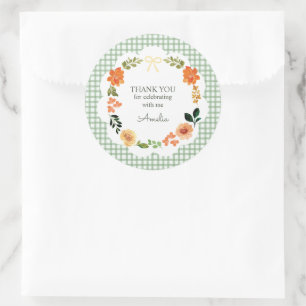 Sticker Rond 019 Vert forêt floral Gingham Baby Shower