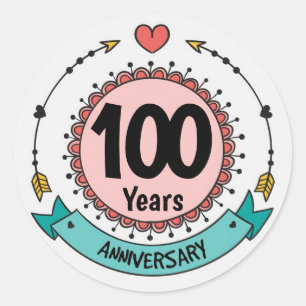 Sticker Rond 100 Ans Anniversaire avec Cœurs et Flèches