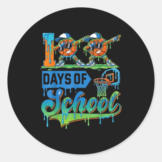 Sticker Rond 100 Days Of School Boys Basketball Drip 100th Day  (Devant)