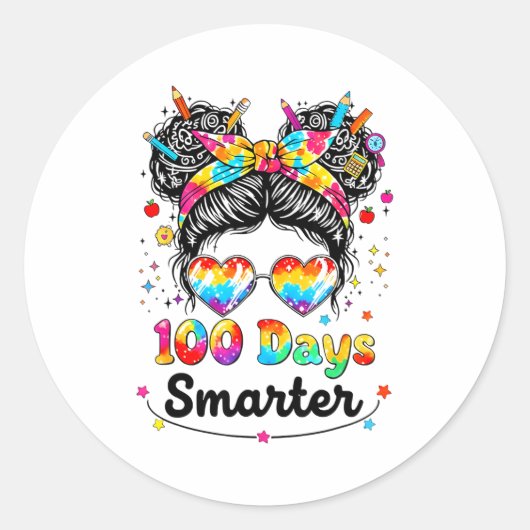 Sticker Rond 100 Days Smarter Messy Bun 100th Day Of School Gir (Devant)