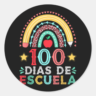 Sticker Rond 100 Dias De Escuela Enseignant Espagnol Arc En Cie