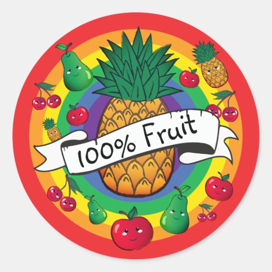 Sticker Rond "100% Fruit" fruit kawaii couleur arc-en-ciel (Devant)