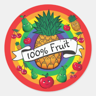 Sticker Rond "100% Fruit" fruit kawaii couleur arc-en-ciel