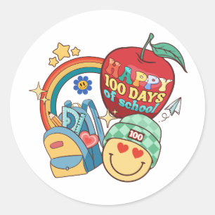 Sticker Rond 100 Jours d'école Joyeux rétro Super