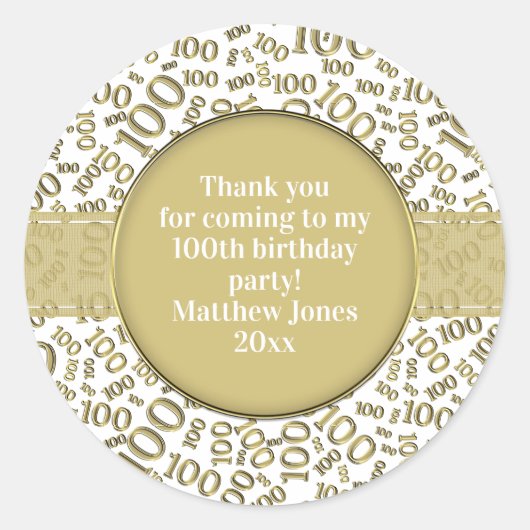 Sticker Rond 100e anniversaire Numéro Motif Or/Blanc (Devant)
