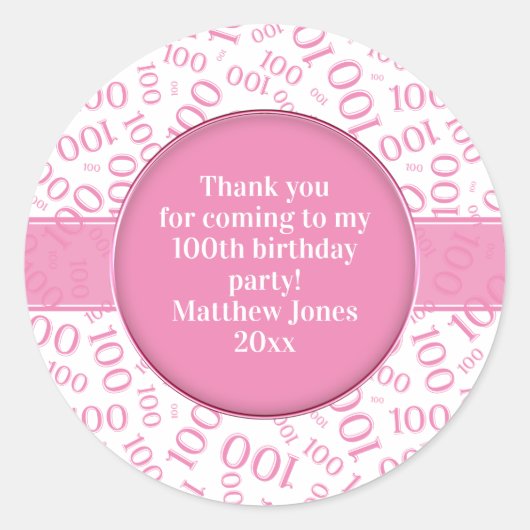 Sticker Rond 100e anniversaire Numéro Motif rose/blanc (Devant)