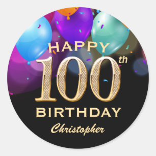 Sticker Rond 100e fête d'anniversaire Ballons Noir et Or
