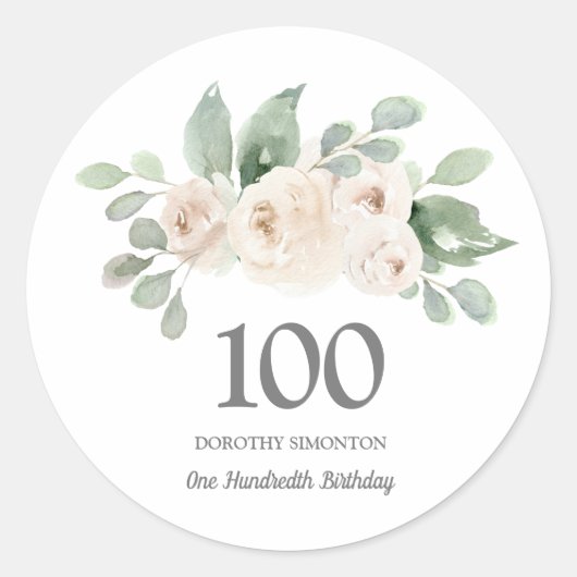 Sticker Rond 100e fête d'anniversaire Rose blanche Eucalyptus (Devant)