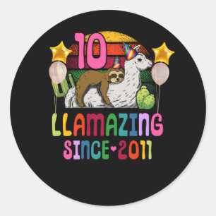Sticker Rond 10 ans 10e anniversaire Sloth équitation Llama