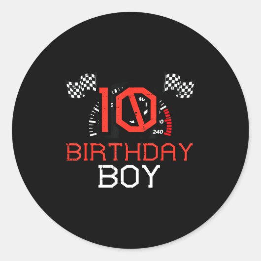 Sticker Rond 10 Birthday Boy Speedometer Race Flag 10th Bday Bo (Devant)
