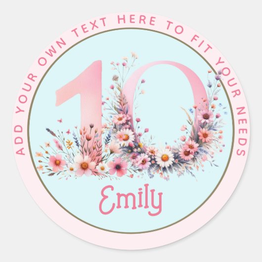 Sticker Rond 10e anniversaire Fairy Floral Pink Princess Fairyt (Devant)