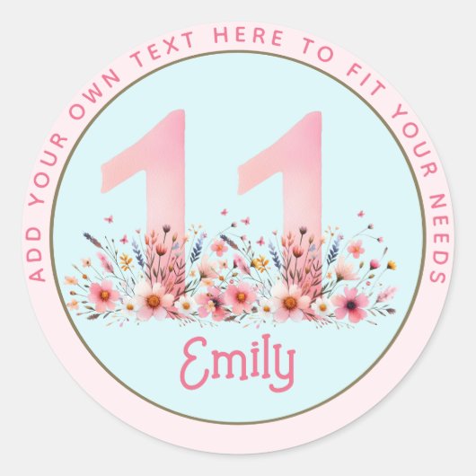 Sticker Rond 11e anniversaire Fairy Floral Pink Princess Fairyt (Devant)