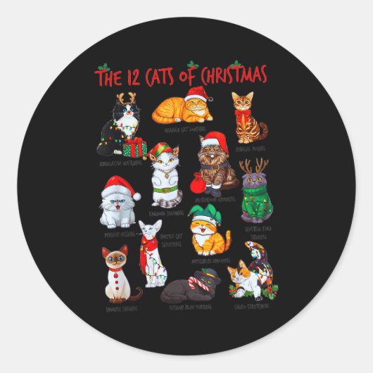 Sticker Rond 12 Cats Of Christmas Funny Holiday Xmas Cat Lover (Devant)